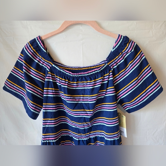 Girl's Striped Short Sleeve Dress in Navy and Pink with Fitted Waist and Collar - Picture 2 of 6